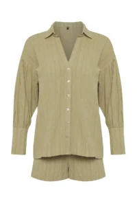 TRENDYOLMİLLA Khaki Weaving Shirred Beach Mini High Waist Shirt Shorts Set - Image 6