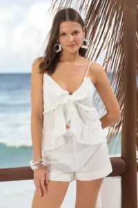 TRENDYOLMİLLA Ecru Weaving Frilly Beach Blouse-Shorts Set