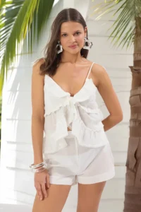 TRENDYOLMİLLA Ecru Weaving Frilly Beach Blouse-Shorts Set - Image 4