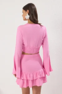 TRENDYOLMİLLA beachwear Pink Weaving with flywheel Blouse-Skirt Set - Image 5