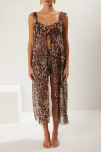 TRENDYOLMİLLA Leopard Patterned Weaving with flywheel Beach Vest-Shorts Set - Image 3