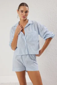 TRENDYOLMİLLA Striped Weaving Pocket Detail 100% Cotton Beach Shirt Shorts Set - Image 2