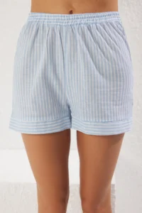 TRENDYOLMİLLA Striped Weaving Pocket Detail 100% Cotton Beach Shirt Shorts Set - Image 3