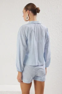 TRENDYOLMİLLA Striped Weaving Pocket Detail 100% Cotton Beach Shirt Shorts Set - Image 4
