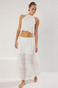 TRENDYOLMİLLA Ecru Weaving Gipelli Beach Blouse-Skirt Set