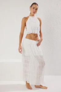 TRENDYOLMİLLA Ecru Weaving Gipelli Beach Blouse-Skirt Set - Image 2