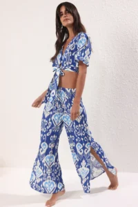 TRENDYOLMİLLA Ethnic Patterned Weaving slit Beach Blouse-Pants Set