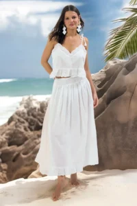 TRENDYOLMİLLA Ecru Weaving Embroidered 100% Cotton Beach Blouse-Skirt Set