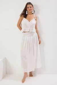 TRENDYOLMİLLA Ecru Weaving Embroidered 100% Cotton Beach Blouse-Skirt Set - Image 3