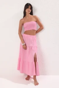 TRENDYOLMİLLA Pink Weaving Gipelli Beach Blouse-Skirt Set