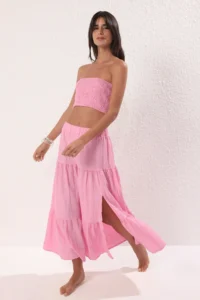 TRENDYOLMİLLA Pink Weaving Gipelli Beach Blouse-Skirt Set - Image 2