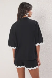TRENDYOLMİLLA Black- White Weaving striped Beach Shirt Shorts Set - Image 4