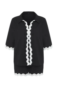 TRENDYOLMİLLA Black- White Weaving striped Beach Shirt Shorts Set - Image 5