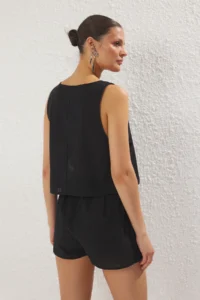 TRENDYOLMİLLA Black Weaving Binding Detailed Beach Mini High Waist Blouse-Shorts Set - Image 4