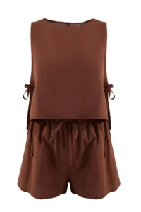 TRENDYOLMİLLA Brown Weaving Binding Detailed Beach Mini High Waist Blouse-Shorts Set