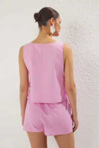 TRENDYOLMİLLA Pink Weaving Binding Detailed Beach Mini High Waist Blouse-Shorts Set - Image 3