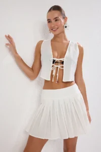 TRENDYOLMİLLA Ecru Weaving pleated Beach Mini High Waist Vest-Skirt Set