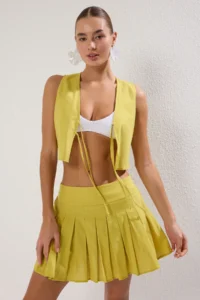 TRENDYOLMİLLA Open Oil Green Weaving pleated Beach Mini High Waist Vest-Skirt Set