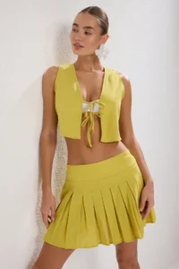 TRENDYOLMİLLA Open Oil Green Weaving pleated Beach Mini High Waist Vest-Skirt Set - Image 2