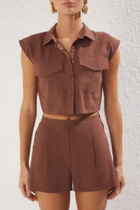 TRENDYOLMİLLA Brown Weaving Beach Mini High Waist Vest-Shorts Set - Image 3