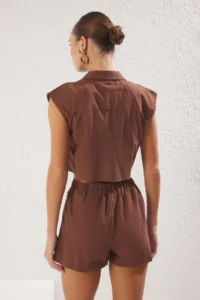 TRENDYOLMİLLA Brown Weaving Beach Mini High Waist Vest-Shorts Set - Image 4