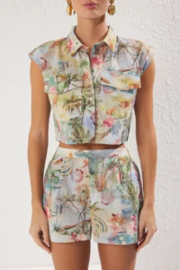 TRENDYOLMİLLA beachwear Tropical Patterned Weaving High Waist Mini Vest-Shorts Set - Image 4