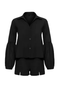 TRENDYOLMİLLA Black Weaving slit 100% Cotton Beach Shirt Shorts Set - Image 5