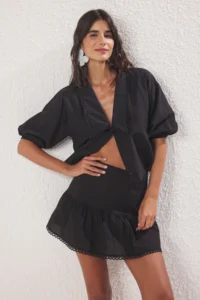 TRENDYOLMİLLA Black Weaving striped 100% Cotton Beach Mini High Waist Shirt-Skirt Set