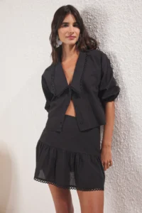 TRENDYOLMİLLA Black Weaving striped 100% Cotton Beach Mini High Waist Shirt-Skirt Set - Image 2
