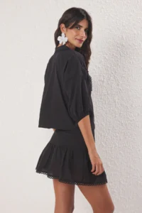 TRENDYOLMİLLA Black Weaving striped 100% Cotton Beach Mini High Waist Shirt-Skirt Set - Image 4