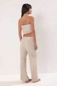 TRENDYOLMİLLA Beige Weaving Shirred Beach Blouse-Pants Set - Image 4