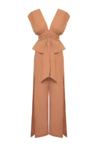 TRENDYOLMİLLA Brown Weaving slit Beach Blouse-Pants Set - Image 5