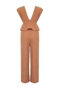 TRENDYOLMİLLA Brown Weaving slit Beach Blouse-Pants Set - Image 6