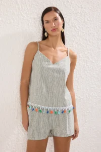 TRENDYOLMİLLA Striped Weaving Tassel Beach Blouse-Shorts Set
