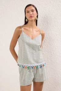 TRENDYOLMİLLA Striped Weaving Tassel Beach Blouse-Shorts Set - Image 2
