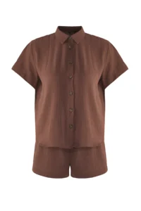 TRENDYOLMİLLA Brown Weaving Accessory Detailed Beach Shirt Shorts Set - Image 6