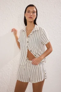 TRENDYOLMİLLA Striped Weaving Accessory Detailed Beach Shirt Shorts Set