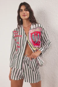 TRENDYOLMİLLA Fish Patterned Weaving 100% Cotton Beach Mini High Waist Shirt Shorts Set