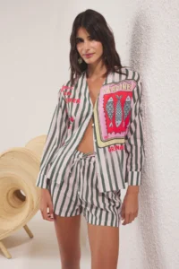 TRENDYOLMİLLA Fish Patterned Weaving 100% Cotton Beach Mini High Waist Shirt Shorts Set - Image 2