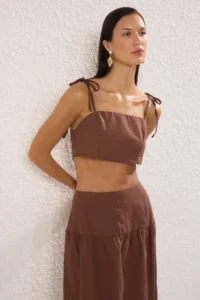 TRENDYOLMİLLA Brown Weaving Beach Blouse-Skirt Set - Image 2