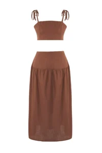 TRENDYOLMİLLA Brown Weaving Beach Blouse-Skirt Set - Image 6