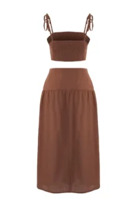 TRENDYOLMİLLA Brown Weaving Beach Blouse-Skirt Set - Image 7