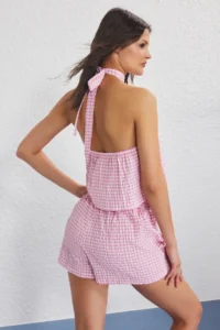 TRENDYOLMİLLA Pink Plaid Weaving Beach Blouse-Shorts Set - Image 2