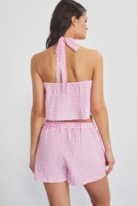 TRENDYOLMİLLA Pink Plaid Weaving Beach Blouse-Shorts Set - Image 4