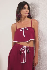 TRENDYOLMİLLA Burgundy Weaving Flamed Cotton Binding Detailed Beach Blouse Skirt Set