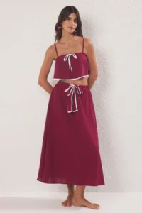 TRENDYOLMİLLA Burgundy Weaving Flamed Cotton Binding Detailed Beach Blouse Skirt Set - Image 2