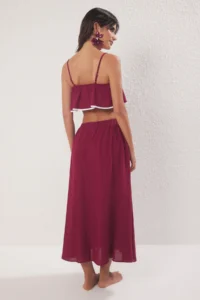 TRENDYOLMİLLA Burgundy Weaving Flamed Cotton Binding Detailed Beach Blouse Skirt Set - Image 4