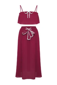 TRENDYOLMİLLA Burgundy Weaving Flamed Cotton Binding Detailed Beach Blouse Skirt Set - Image 5