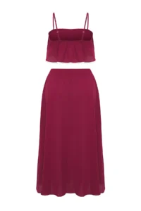 TRENDYOLMİLLA Burgundy Weaving Flamed Cotton Binding Detailed Beach Blouse Skirt Set - Image 6