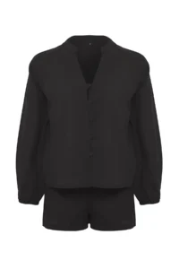 TRENDYOLMİLLA Black Weaving 100% Cotton Beach Shirt Shorts Set - Image 5